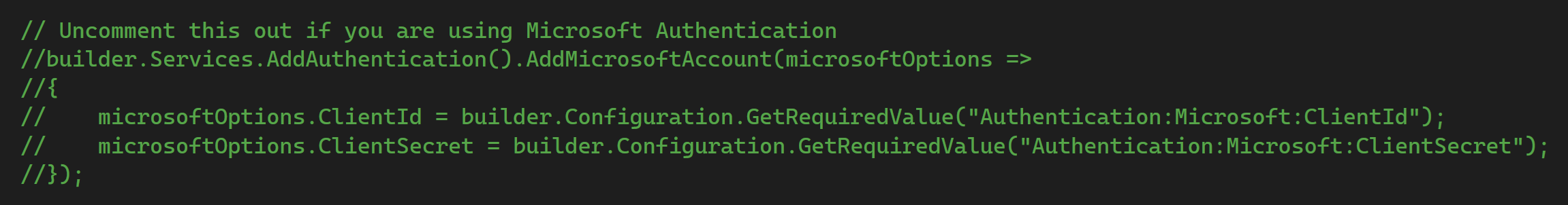 Le code Program.cs avec la section authentification Microsoft sans commentaire.