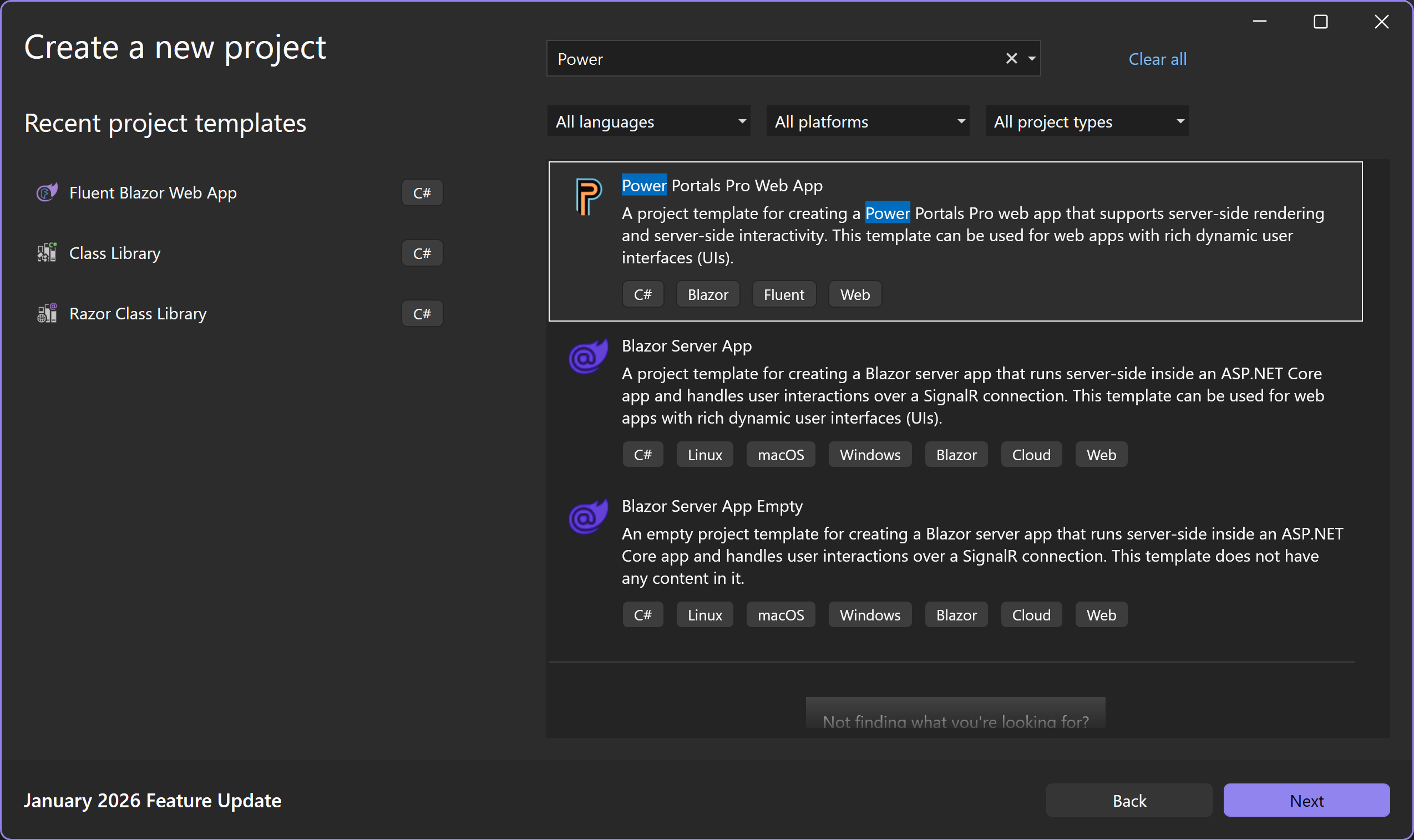 La boîte de dialogue de nouveau projet Visual Studio avec le modèle Power Portals Pro sélectionné.